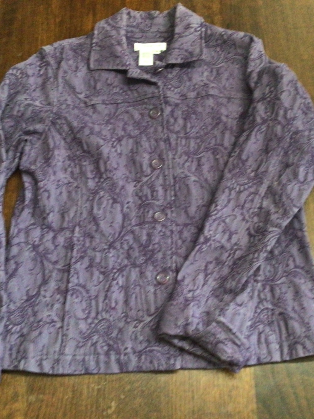 Coldwater Creek purple tapestry style Button down jacket. Size medium. Good shap